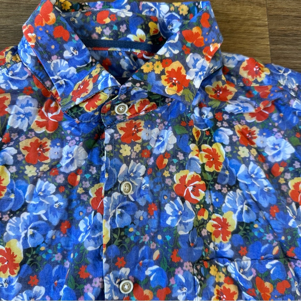 Johnnie O Barren Button Up Shirt Blue Red Floral Short Sleeve Preppy Mens Medium